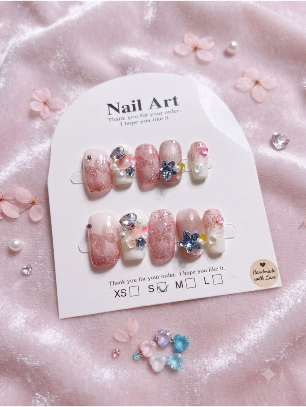 Pink Glitter Floral Press-On Nail Set with Pearls